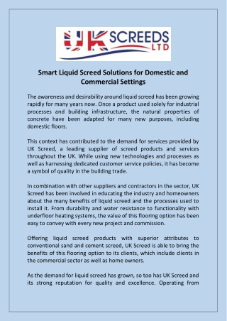 Smart Liquid Screed Solutions for Domestic and Commercial Settings