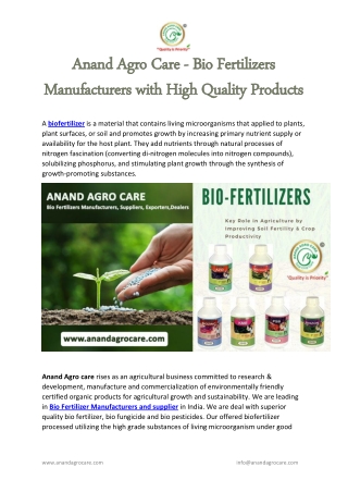 Anand Agro Care - Bio Fertilizers Manufacturers with High Quality Products