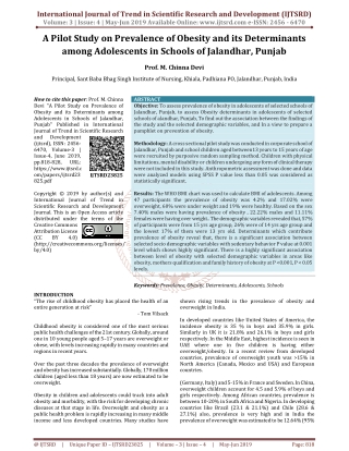 A Pilot Study on Prevalence of Obesity and its Determinants among Adolescents in Schools of Jalandhar, Punjab