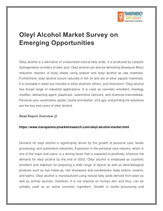 Oleyl Alcohol Market Survey On Emerging Opportunities