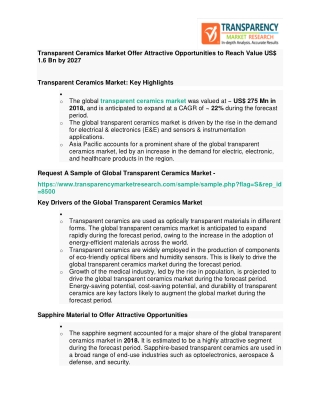 Transparent Ceramics Market Offer Attractive Opportunities to Reach Value US$ 1.6 Bn by 2027