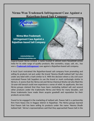 Nirma Won Trademark Infringement Case Against a Rajasthan-based Salt Company