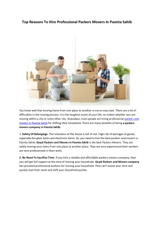 Plan Your Shifting With The Top Packers & Movers In Paonta Sahib