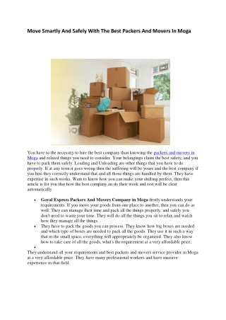 Looking for Packers Movers In Moga For Relocation?