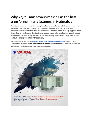 Why Vajra Transpowers reputed as the best transformer manufacturers in Hyderabad