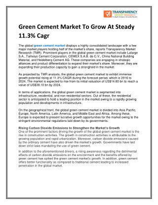 Green Cement Market To Grow At Steady 11.3% Cagr