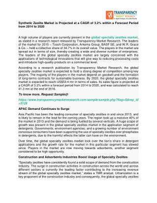 Synthetic Zeolite Market is Projected at a CAGR of 3.2% within a Forecast Period from 2014 to 2020