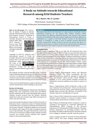 A Study on Attitude Towards Educational Research Among B.Ed Students Teachers