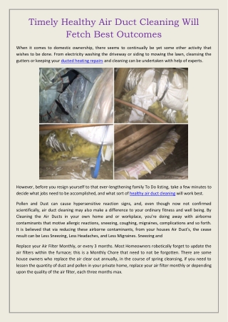 Timely Healthy Air Duct Cleaning Will Fetch Best Outcomes