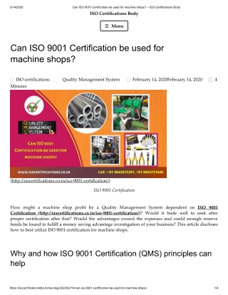 Can ISO 9001 Certification (QMS) be used for machine shops?