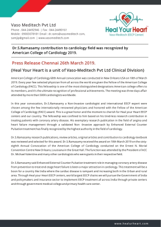 Dr.S.Ramasamy Contribution To Cardiology Field Was Recognized By American College Of Cardiology 2019
