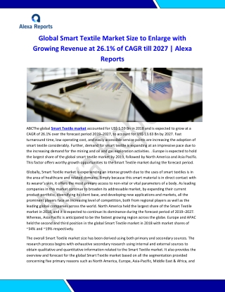 The global Smart Textile market accounted for US$ 1.59 Bn in 2018 and is expected to grow at a CAGR of 26.1%