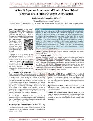 A Result Paper on Experimental Study of Demolished Concrete Use in Rigid Pavement Construction