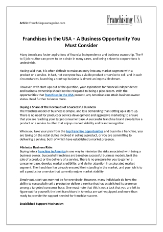 Franchises in the USA - A Business Opportunity You Must Consider