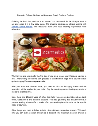 Zomato Offers Online to Save on Food Orders Online