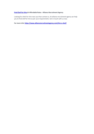 Find Chef For Hire At Affordable Rates - Alliance Recruitment Agency
