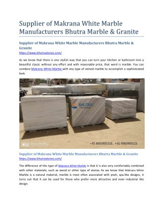 Supplier of Makrana White Marble Manufacturers Bhutra Marble & Granite