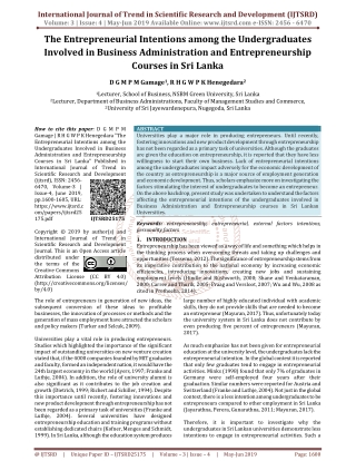 The Entrepreneurial Intentions Among The Undergraduates Involved in Business Administration and Entrepreneurship Courses