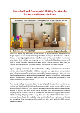 Household and Commercial Shifting Services by Packers and Movers in Pune