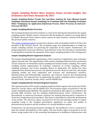 Aseptic Sampling Market Share Analysis, Future Growth Insights, Size Estimation and Future Dynamics By 2023
