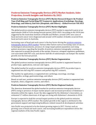 Positron Emission Tomography Devices (PET) Market Analysis, Sales Projection, Growth Insights and Statistics By 2023