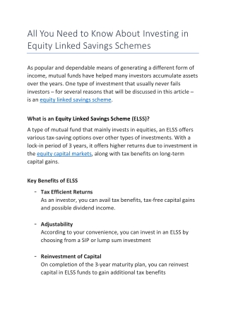 All You Need to Know About Investing in Equity Linked Savings Schemes