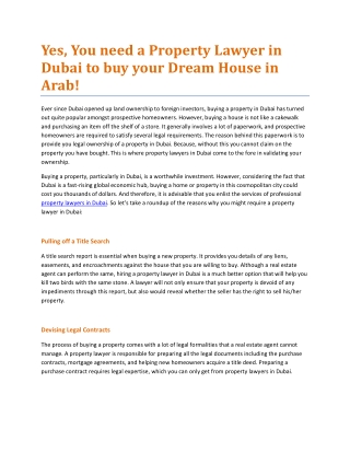 Yes, You need a Property Lawyer in Dubai to buy your Dream House in Arab!