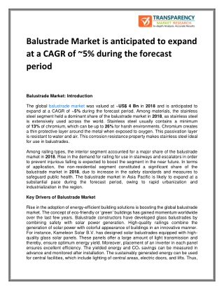 Balustrade Market is anticipated to expand at a CAGR of ~5% during the forecast period