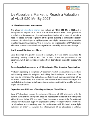 UV Absorbers Market is anticipated to expand at a CAGR of 4.5% By 2027