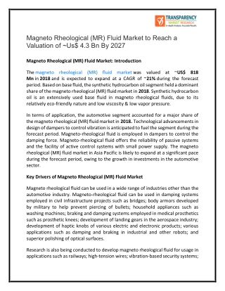 Magneto rheologicalMagneto Rheological Fluid Market Size Estimated to Observe Significant Growth by 2027