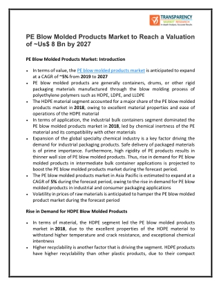 PE Blow Molded Products Market to Garner Brimming Revenues by 2027