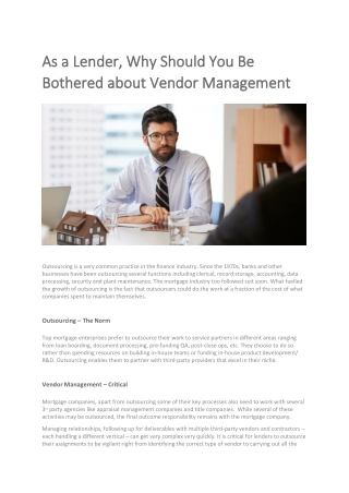 As a Lender, Why Should You Be Bothered about Vendor Management