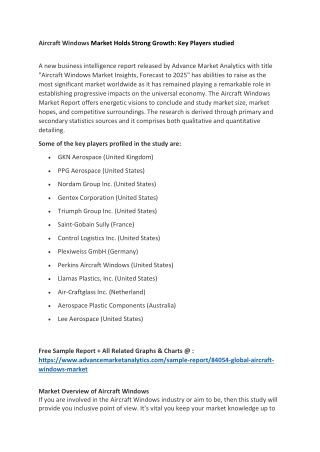 Aircraft Windows Market Holds Strong Growth: Key Players studied