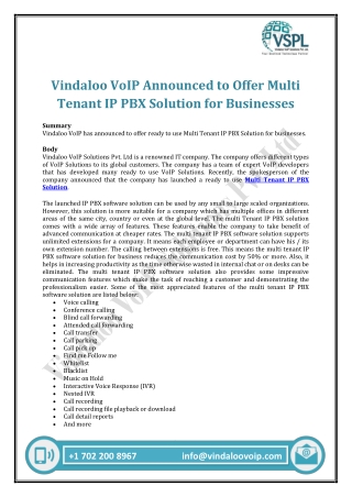 Vindaloo VoIP Announced to Offer Multi Tenant IP PBX Solution for Businesses