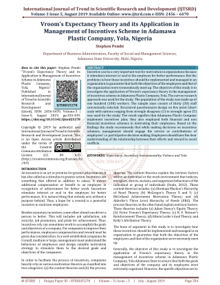 Vroom's Expectancy Theory and its Application in Management of Incentives Scheme in Adamawa Plastic Company, Yola, Niger