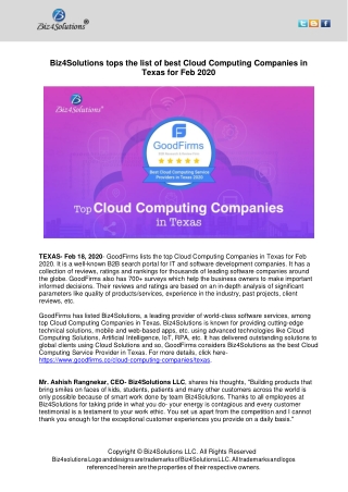 Biz4Solutions tops the list of best Cloud Computing Companies in Texas for Feb 2020