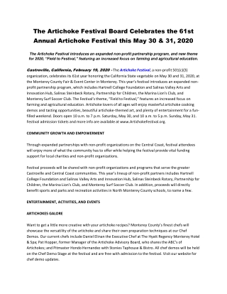 The Artichoke Festival Board Celebrates the 61st Annual Artichoke Festival this May 30 & 31, 2020