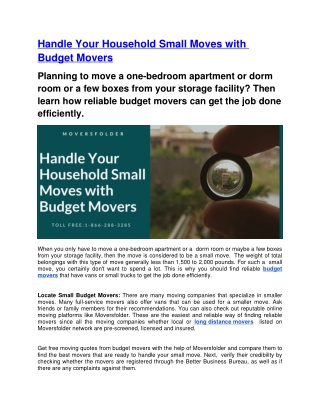 Handle Your Household Small Moves with Budget Movers