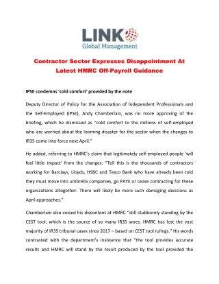 Contractor Sector Expresses Disappointment At Latest HMRC Off-Payroll Guidance