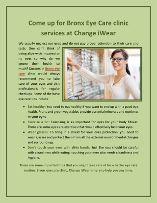 Come up for Bronx Eye Care clinic services at Change iWear