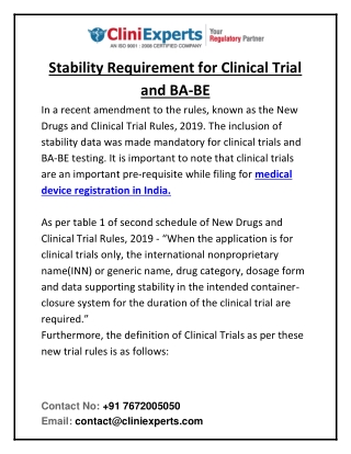 Stability Requirement for Clinical Trial and BA-BE