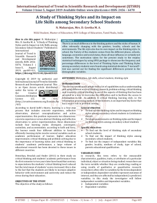 A Study of Thinking Styles and its Impact on Life Skills among Secondary School Students