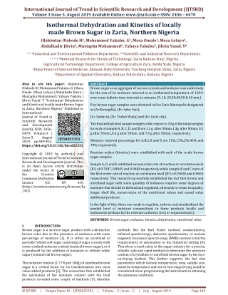 Isothermal Dehydration and Kinetics of locally made Brown Sugar in Zaria, Northern Nigeria