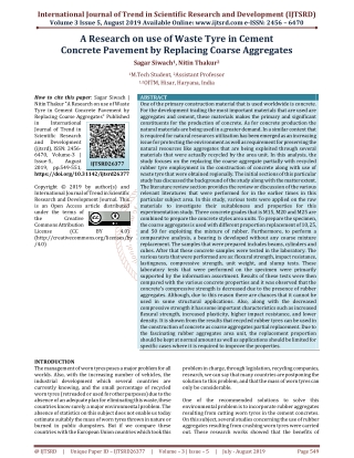 A Research on use of Waste Tyre in Cement Concrete Pavement by Replacing Coarse Aggregates