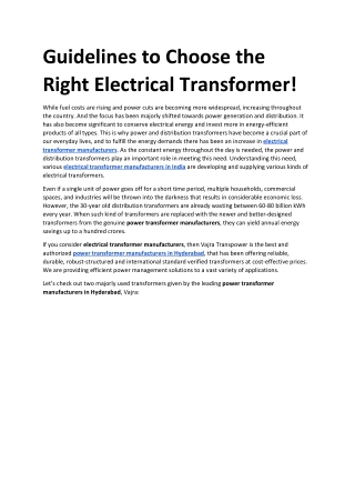 Popular & Efficient Transformers | Top Electrical Transformer Manufacturers in India
