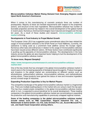 Microcrystalline Cellulose Market Rising Demand from Emerging Regions could Upset North America’s Dominance