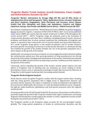 Ticagrelor Market Trends Analysis, Growth Estimation, Future Insights and Global Industry Dynamics By 2027