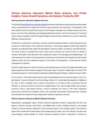 Clinical reference laboratory Market Share Analysis, Key Profile Insights, Future Growth Dynamics and Industry Trends By