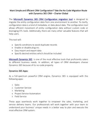 Want Simple and Efficient CRM Configuration? Take the No Code Migration Route with Dynamics 365 CRM - Charter Global