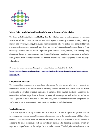 Metal Injection Molding Powders Market to Witness Steady Growth through 2027